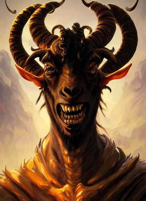 Prompt: hellish demon with gold fangs and twisted horns, close up, goat pupils, sinister portrait, highly detailed, digital painting, artstation, concept art, matte, sharp focus, illustration, dramatic, cinematic sunset, hearthstone, art by artgerm and greg rutkowski and alphonse mucha