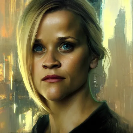 Image similar to reese witherspoon, hyperrealistic portrait, bladerunner street, art of elysium by jeremy mann and alphonse mucha, fantasy art, photo realistic, dynamic lighting, artstation, poster, volumetric lighting, very detailed face, 4 k, award winning