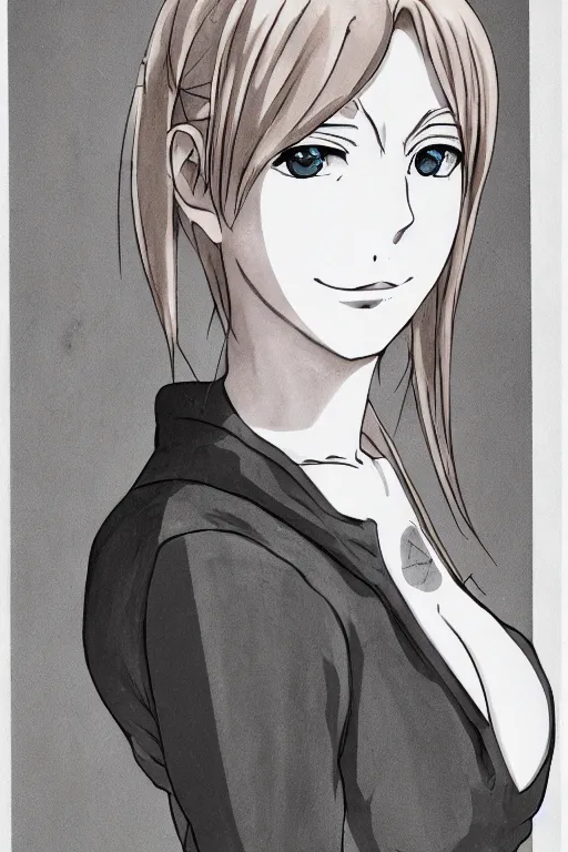Image similar to anime style cel shaded portrait of a blonde woman, 40 years old, brown sun tanned skin, tattoos down left arm and back, wearing a charcoal vest top, white shorts and hiking boots, stood in sunshine in front of a door