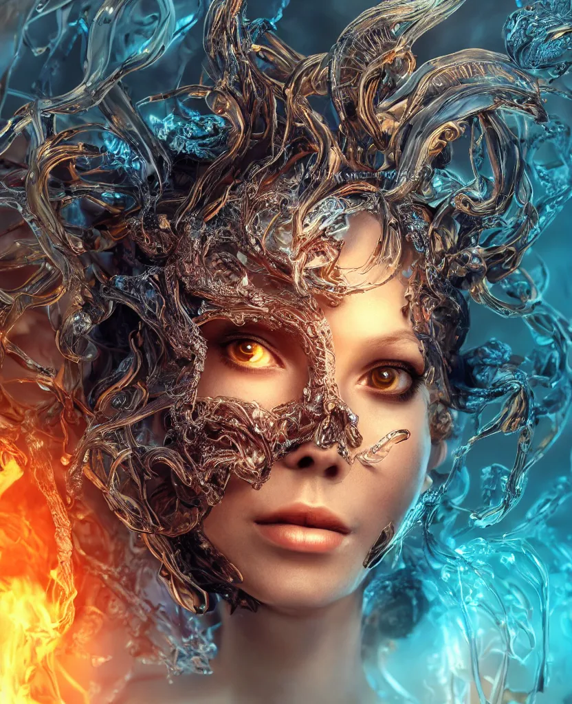 Image similar to close-up macro portrait of the face of a beautiful princess with animal skull mask, epic angle and pose, symmetrical artwork, 3d with depth of field, blurred background, cybernetic jellyfish female face skull phoenix bird, translucent, nautilus, energy flows of water and fire. a highly detailed epic cinematic concept art CG render. made in Maya, Blender and Photoshop, octane render, excellent composition, cinematic dystopian brutalist atmosphere, dynamic dramatic cinematic lighting, aesthetic, very inspirational, arthouse. y Greg Rutkowski, Ilya Kuvshinov, WLOP, Stanley Artgerm Lau, Ruan Jia and Fenghua Zhong