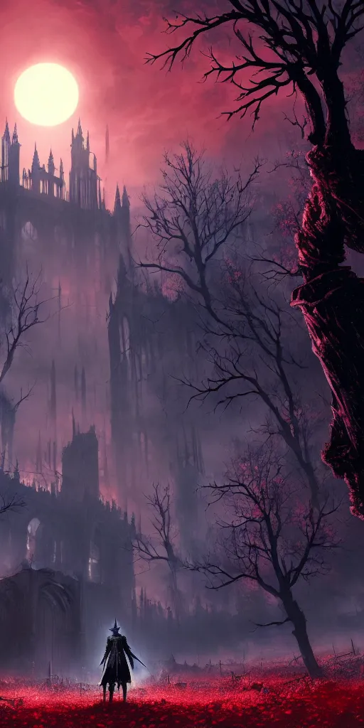 Image similar to abandoned bloodborne old valley with a obscure person at the centre and a ruined gothic city in the background, trees and stars in the background, falling red petals, epic red - orange moonlight, perfect lightning, wallpaper illustration by niko delort and kentaro miura, 4 k, ultra realistic