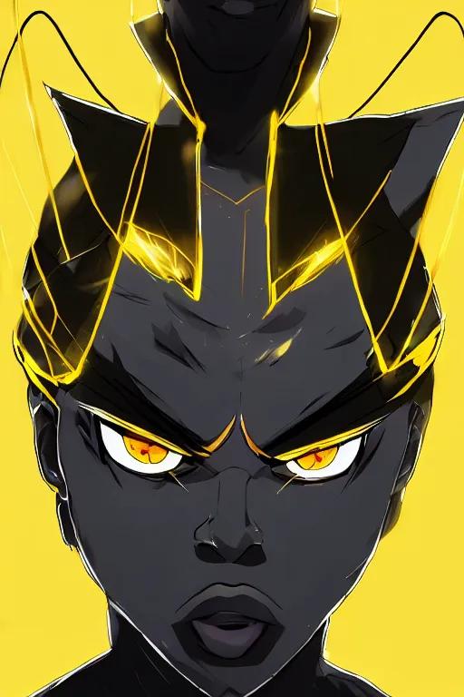 Image similar to glowing black male anime character, short golden hair, yellow eyes, symmetrical, highly detailed, digital art, sharp focus, trending on art station, samurai, electricity superpowers, anime art style