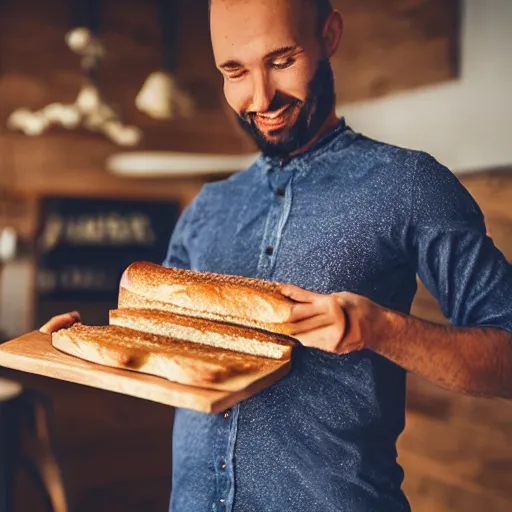 Prompt: a guy eating really good bread