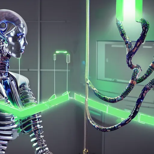 Image similar to the torso of fully a mechanical terminator lady with borg implants, human face and robotic snakes coming out of her head is hanging from cables and wires off the ceiling of an futuristic computer lab and plugged into a quantum computer. Her bottom half is missing with cables hanging out. She is taking a sip from a cup of coffee. Tiny green led lights in her cybernetics. very detailed 8k. Cyberpunk horror style.