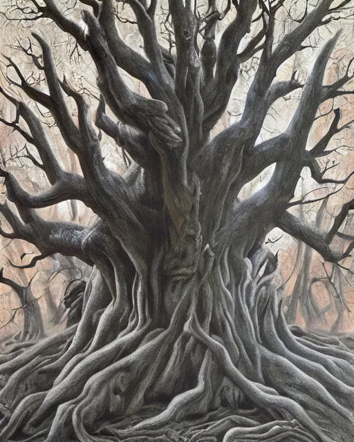 Image similar to satanic masked ritual, large ancient tree, ultra high definition, hyperrealism, masterpiece 8 k, oil painting