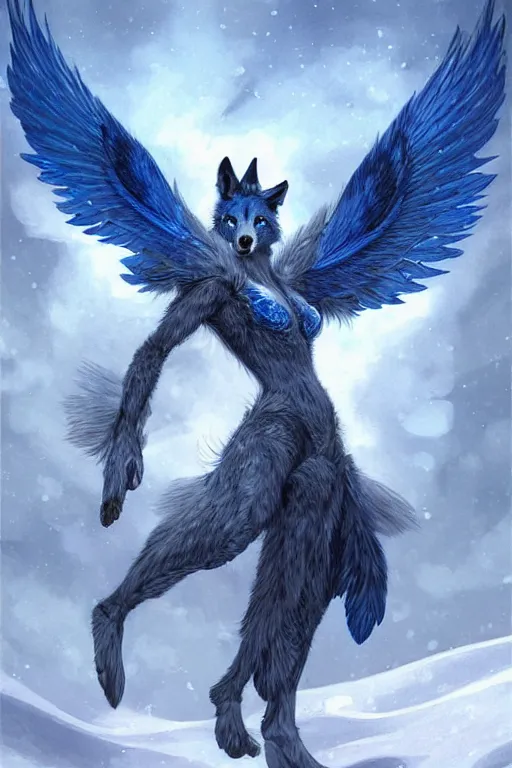 Image similar to blue wolf with wings, facing front, regal, elegant, winter, snow, beautiful, stunning, hd, illustration, epic, d & d, fantasy, intricate, elegant, highly detailed, digital painting, artstation, concept art, smooth, sharp focus, illustration, wallpaper, art by artgerm and greg rutkowski and alphonse mucha and jin xiaodi