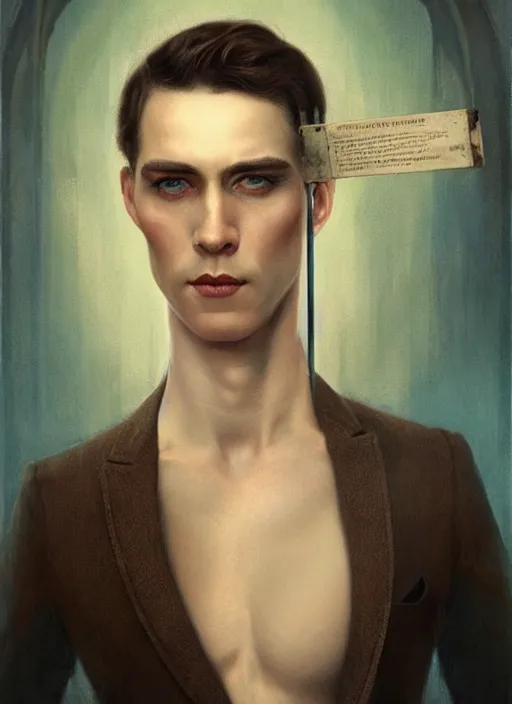 Image similar to a sociopathic portrait of a pockmarked man with beautiful blue eyes and short brown hair, art by manuel sanjulian and tom bagshaw