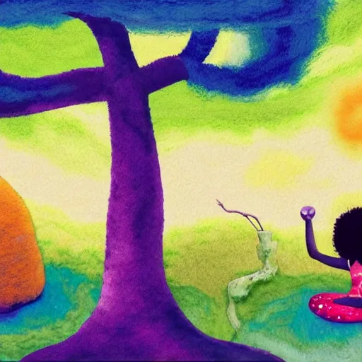 Prompt: a black girl with a colorful afro and big colorful eyes meditating in an african zen garden with a baobab tree at sunset, bright colours, bokeh!!, watercolor, volumetric wool felting, macro photography, children illustration, by goro fujita