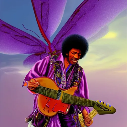 Image similar to Jimi Hendrix riding on the back of an enormous purple dragonfly, Digital realistic detailed art trending in Artstation.