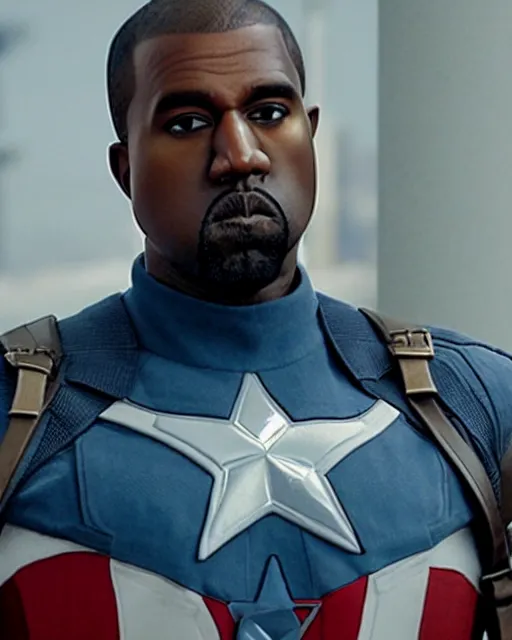 Image similar to film still close - up shot of kanye west as captain america from the movie captain america : the first avenger. photographic, photography