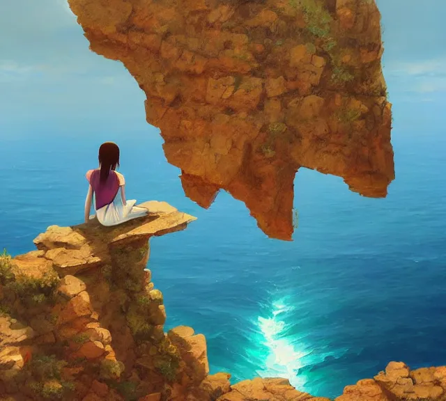 Prompt: a girl sitting on a cliff overlooking the sea. Atmospheric lighting, sunset, blue sea. By Makoto Shinkai, Stanley Artgerm Lau, WLOP, Rossdraws, James Jean, Andrei Riabovitchev, Marc Simonetti, krenz cushart, Sakimichan, trending on ArtStation, digital art.