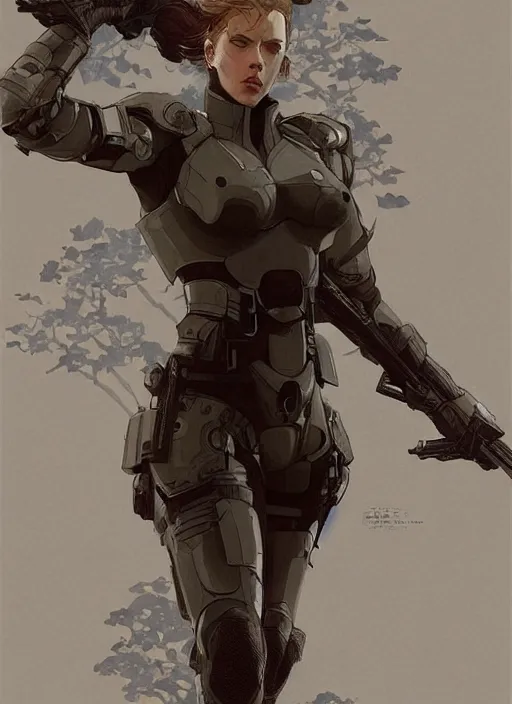 Image similar to scarlett johansson wearing metal gear armor art by Hokusai by greg rutkowski by wlop high detail comic sharp vector lineart dramtic lighting artstation by trevor henderson cinematic dramatic