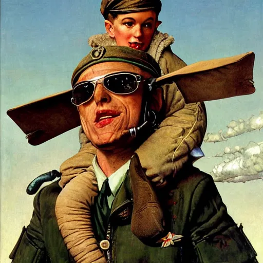 Prompt: An Aviator with a elephant at his head , art by Norman Rockwell