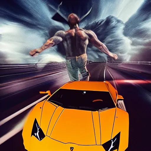 Image similar to ultra realistic god driving a lamborghini in the holland tunnel, smiting heathens from heaven, from the perspective of a rock, after the slapping of will smith