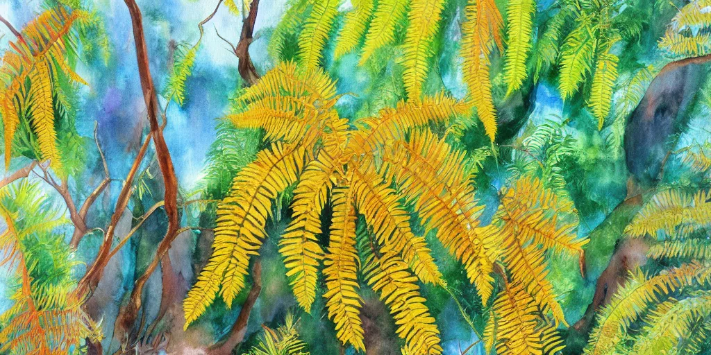 Image similar to golden bay new zealand, abel tasman, native NZ bush ferns, colorful watercolor painting, trending on artstation