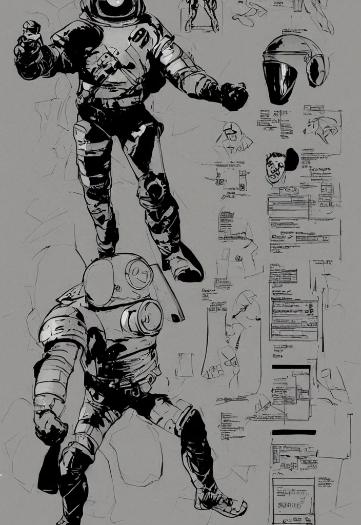 Image similar to male, heroic figure, space suit with a modern helmet, science fiction, sketch, character sheet, very stylized, digital art, illustration, pen and ink, digital painting, by mike mignola, by alex maleev