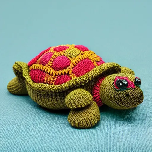 Image similar to a closeup photorealistic smiling knitted cartoonish tortoise.