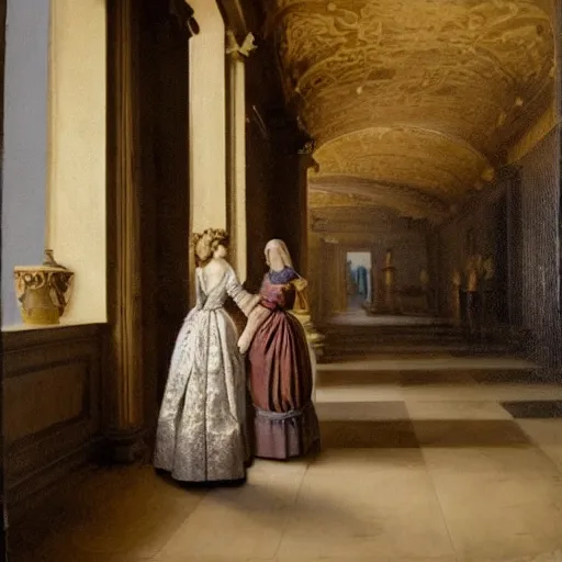 Image similar to fine art, oil on canvas. two women in a vast castle lobby wearing fine clothes, two men looking at one of her in the distance. dark room with light coming through the right side of the place. baroque style 1 6 5 6. high quality recreation of illumination shadows and colors, no distortion on subject faces.