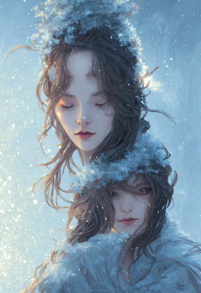 Image similar to beautiful ancient frost witch, eye fire, snow glow, snowfall, highly detailed, digital painting, artstation, sharp focus, illustration, art by tan zi and ayanamikodon and alphonse mucha and wlop