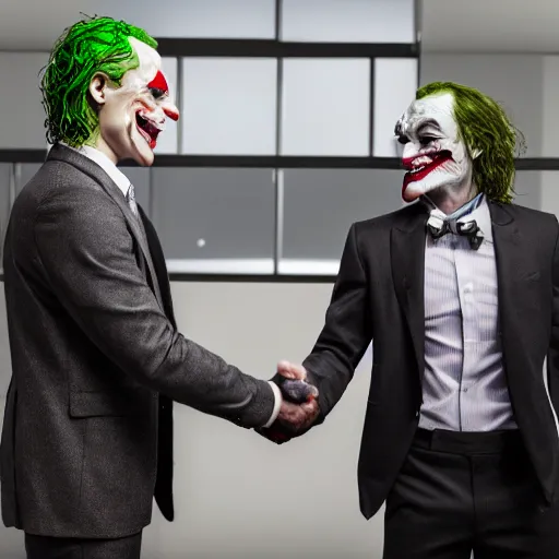 Prompt: professional photograph of the joker shaking hands with a suit-wearing anthropomorphic T-Rex in an office building, detailed, 8k,