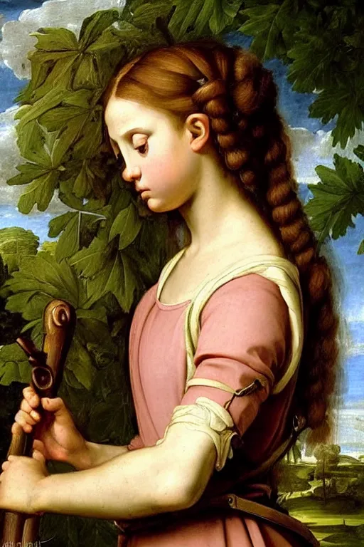 Image similar to renaissance painting of young girl soldier in the garden, closeup, curly long hair, face closeup, emotions closeup, dressed in roman armour, the beautiful garden with maple leaves everywhere, ultra detailed, art by guido reni style, vincenzo catena style