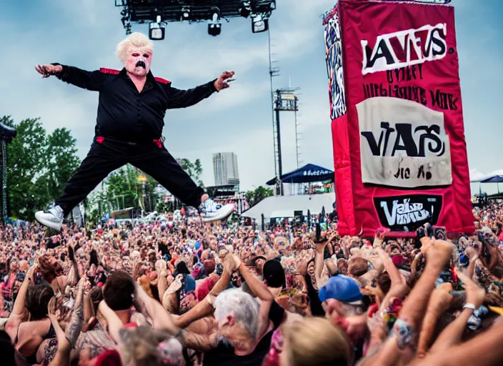 Image similar to photo still of rip taylor at vans warped tour!!!!!!!! at age 6 3 years old 6 3 years of age!!!!!!! stage diving at a crowd, 8 k, 8 5 mm f 1. 8, studio lighting, rim light, right side key light