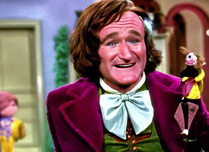 Image similar to film still of Robin Williams as Willy Wonka in Willy Wonka and the Chocolate Factory 1971