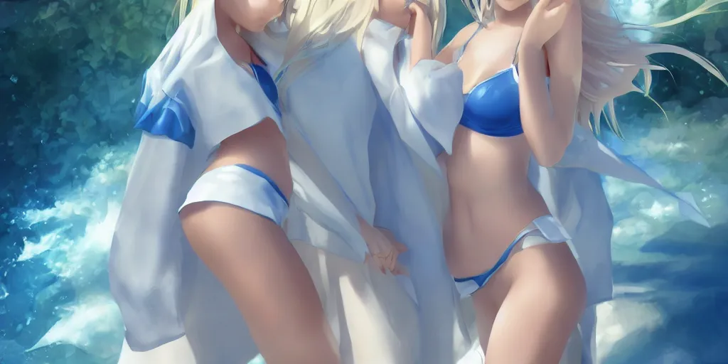 Prompt: tiny father a tall daughter picture : a very beautiful young blond anime girl, sky blue eyes, bikini, white miniskirt, highly detailed, cinematic wallpaper by stanley artgerm lau