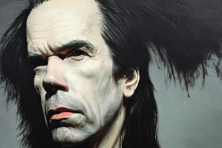 Image similar to a portrait of nick cave, masterpiece, dramatic lighting, painting by caravaggio and ruan jia and daytoner and jakub rebelka and szukalski