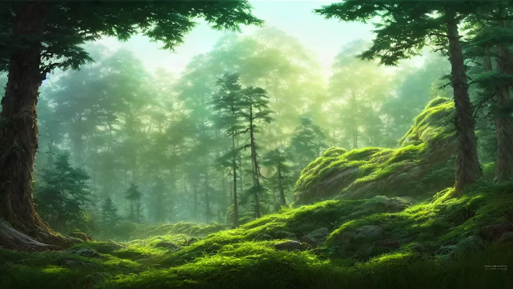 Image similar to forest clearing landscape, studio ghibli, pixar and disney animation, sharp, rendered in unreal engine 5, highly detailed, digital painting, artstation, concept art, smooth, sharp focus, illustration, wide angle, artbook, wallpaper, splash art, promo art, dramatic lighting, art by artgerm and greg rutkowski and bo chen and jin xiaodi