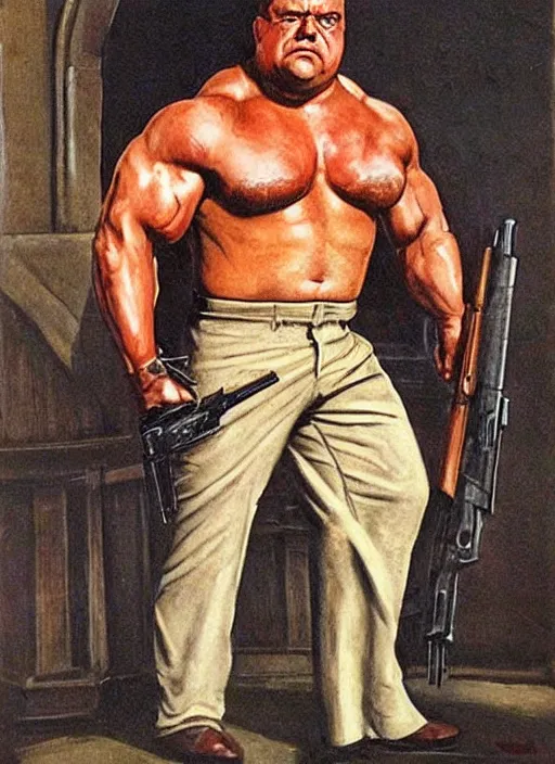 Image similar to gk chesterton as a buff action hero with muscles and a shotgun. portrait by james gurney. realistic face. awesome.