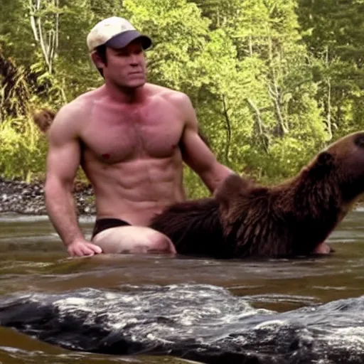 Prompt: shirtless dexter morgan riding a bear in a river documentary footage