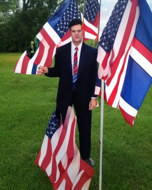 Image similar to a man in a suit and tie standing in front of flags, a character portrait by arlington nelson lindenmuth, reddit contest winner, private press, character, contest winner, adafruit - c 9. 0