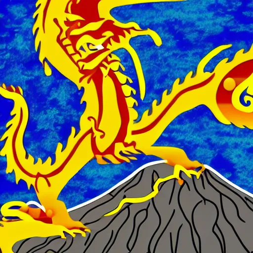 Image similar to a golden chinese dragon in front of a glowing volcano in a gloomy atmosphere, in pop art style