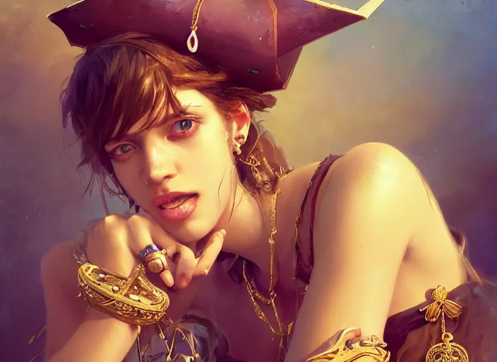 Prompt: full body picture of a pirate girl, hard breathing, messy hair, very excited, front of the treasure box, jewels and gold on the background, coveted, beautiful and aesthetic and attractive and detailed face, specular reflection, occlusion shadow, intricate, bokeh, masterpiece, by ilya kuvshinov and jeremy lipking and quentin mabille