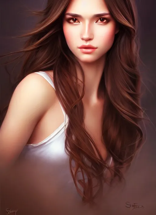 Prompt: a gorgeous female with long brown hair in the style of stefan kostic, intimate, realistic, full body shot, wide angle, sharp focus, 8 k high definition, insanely detailed, intricate, elegant, art by stanley lau and artgerm, floating embers