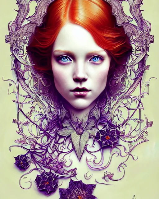 Image similar to Beautiful, evil and playful ethereal ginger portrait, art nouveau, fantasy, intricate flower designs, elegant, highly detailed, sharp focus, art by Artgerm and Mat collishaw and WLOP