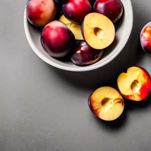 Image similar to photo of a thick porcelain bowl filled with a few moist freshly picked plums on a wooden table. volumetric lighting. 4 k. small scale. realistic. top down.