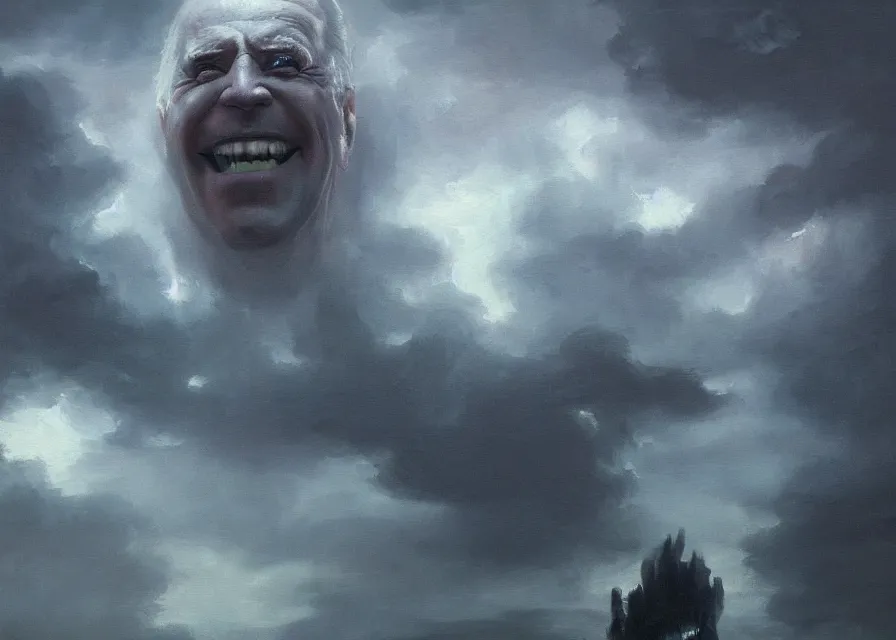 Image similar to abstract painting of giant Joe Biden smiling evil emperor of the world emerging in dark clouds, Sidious, immense crowd of people, noxious, cosmic horror, evil, dangerous, trending on ArtStation, masterpiece, by Greg Rutkowski, by Ross Tran, by Fenghua Zhong, octane, lightbeam eyes, soft render, clear facial features, oil on canvas, moody lighting, cinematic, professional environment concept art