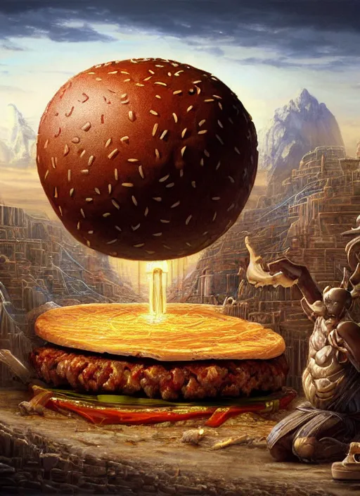 Prompt: an ancient civilization constructing an enormous cheeseburger, under construction, building, cosmic horror painting, elegant intricate digital painting artstation concept art by mark brooks and brad kunkle detailed