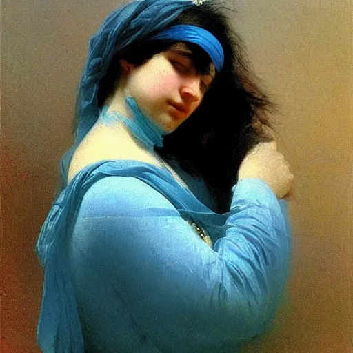 Image similar to a woman’s face, her eyes are covered with a blue satin blindfold, by ivan aivazovsky and alma tadema and and willen claesz heda