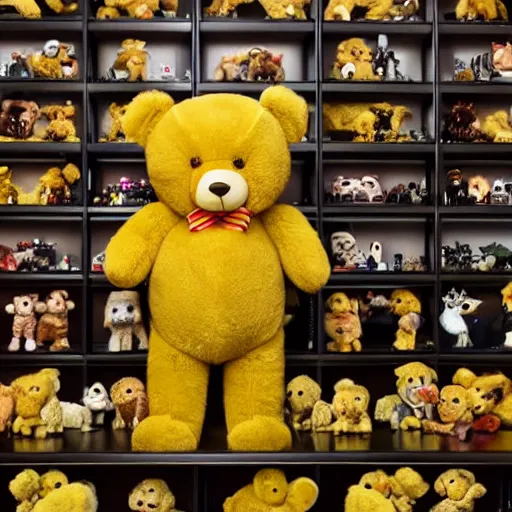 Image similar to a ( ( ( ( muscular yellow teddy bear ) ) ) proudly standing in front of his nfts collection!!!! 4 k photo