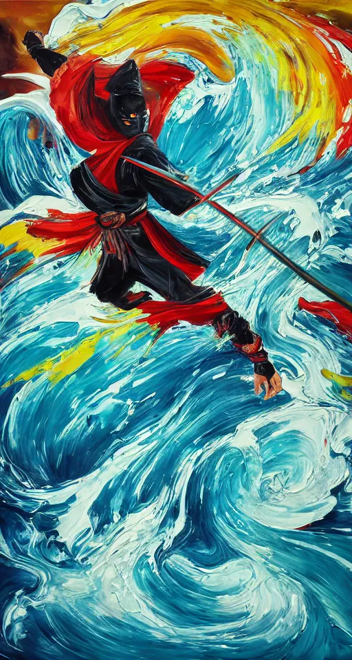 Prompt: colorful beautiful abstract painting, man, ninja with katana of water wave, full body, water fists of fury, jumping leaping heroic attack, action scene, ultra detailed