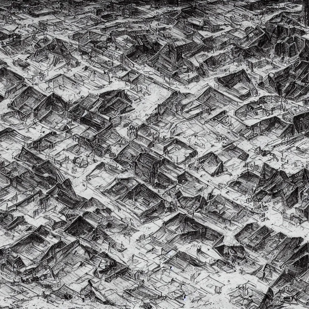 Image similar to mining tailings burying the city of chuquicamata, drawing by piranesi, composition, cinematic, rule, grid