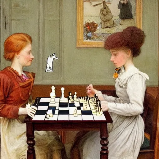 Image similar to a rabbit and a young edwardian woman playing chess in a room, in the style of carl larsson