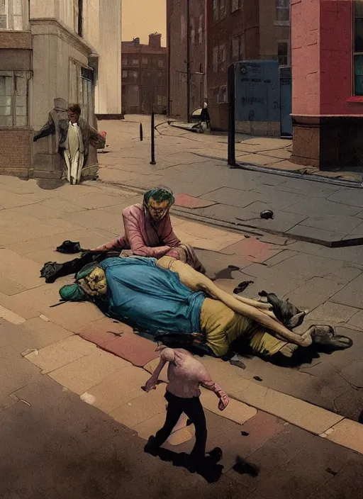 Prompt: an old dead couple in the streets of ruined london city 1 9 8 4 edward hopper and james gilleard zdzisław beksinski in the style of francis bacon, surreal, norman rockwell and malcolm liepke james jean, greg hildebrandt, and mark brooks, triadic color scheme, by greg rutkowski, in the style of syd mead