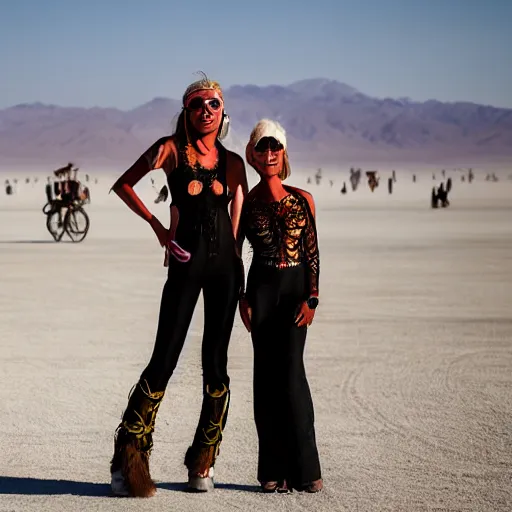 Prompt: award winning photography portrait, sini and julia at burning man, leica 1 0 0 mm f 0. 8