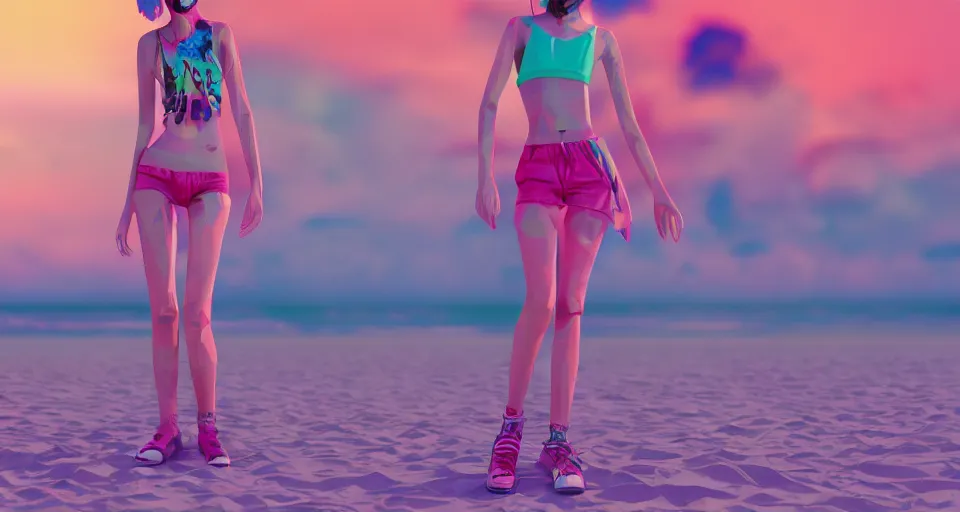 Prompt: fullbody vaporwave art of a fashionable zombie girl at a beach, early 90s cg, 3d render, 80s outrun, low poly, from Hotline Miami