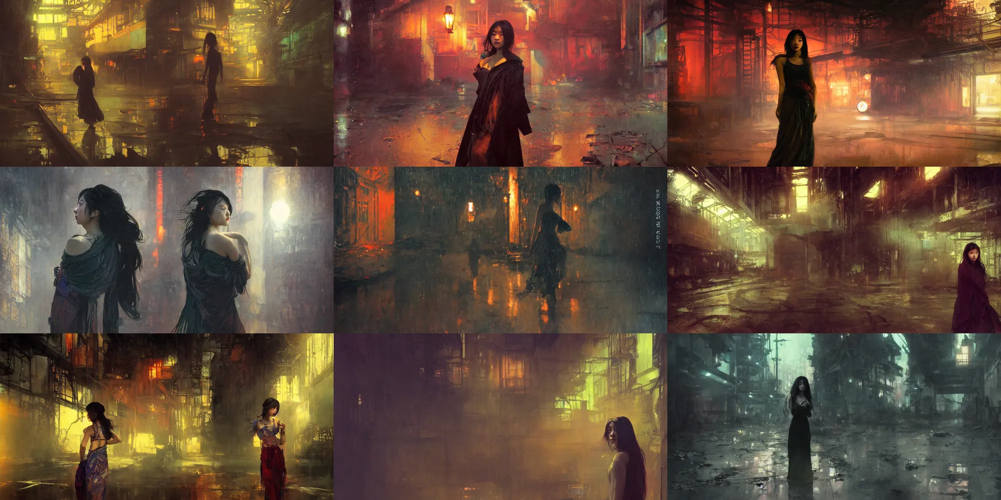 Prompt: a beautiful young asian woman in abandoned industrial city at night, dark moody lighting, glowing light and shadow, vibrant color, by jeremy mann and alphonse mucha, dramatic lighting, ethereal, stunning, breathtaking, awe - inspiring award - winning, 8 k