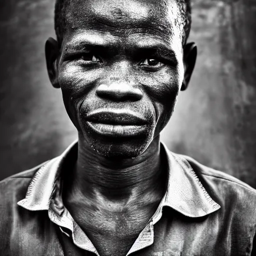 Image similar to black and white photo, portrait of Congo mineworker by Stephan vanfleteren, realistic, Leica, medium format, cinematic lighting, parallax, high resolution,